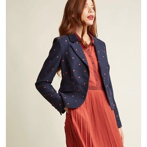 ModCloth medium blazer navy with orange polka dots